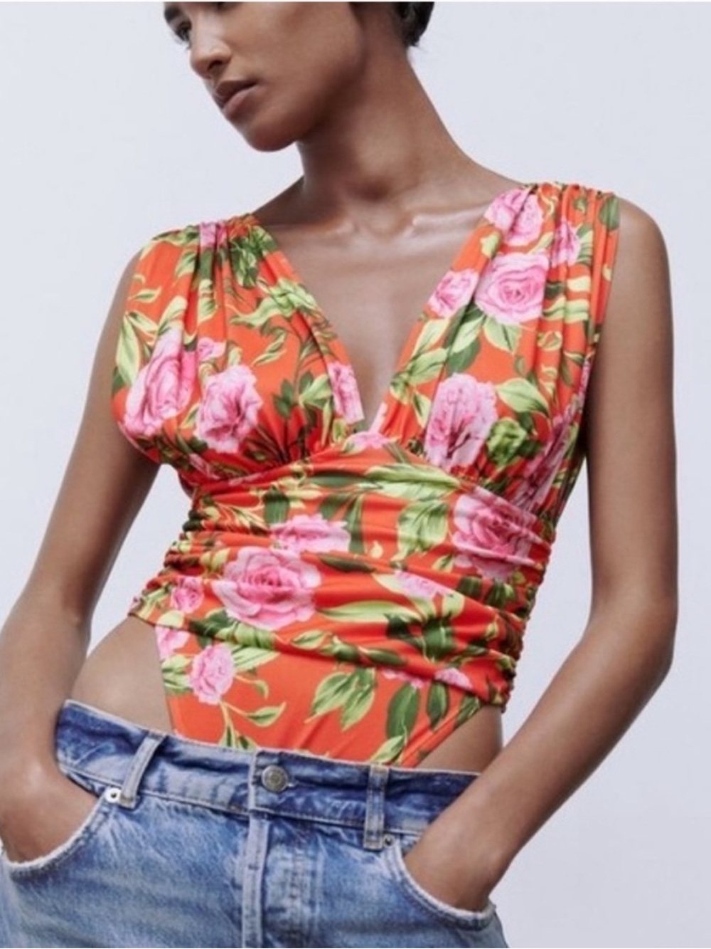 Zara Floral Ruched Draped Bodysuit Red Orange V-Neck Sleeveless Women’s Small